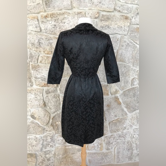 Vintage 50s Black Floral Brocade Dress Set with Kitten Bow Waist Audrey Hepburn - Picture 9 of 16